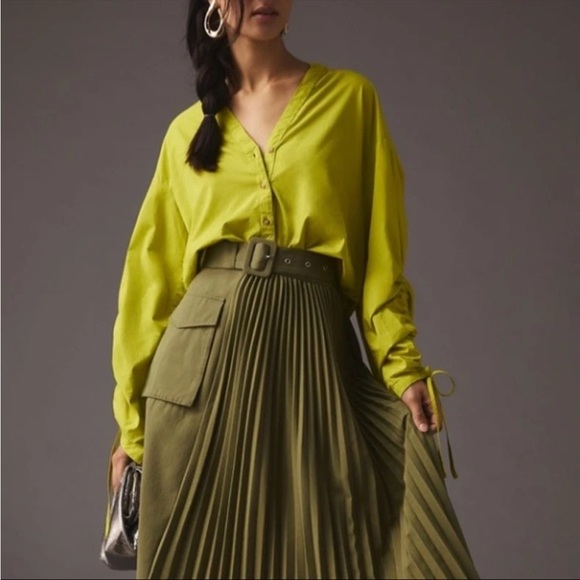 Anthropologie Pilcro Drawstring Poplin Blouse Button Down Chartreuse Size Medium - Picture 3 of 10